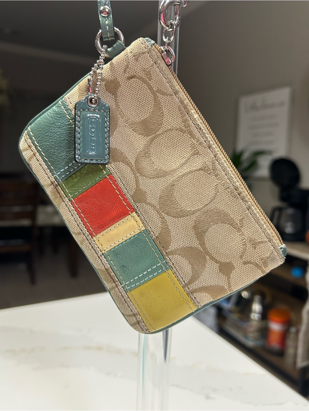 VTG Y2K Coach Signature Khaki Wristlet Multicolor Crinkle Patent Stripe COA